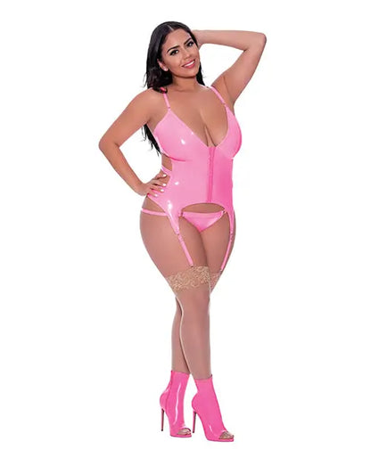Plus Size Pink Wet Look Lingerie Hard Candy Basque & Cheeky Panty Pink Queen Size  Lingerie - Corsets