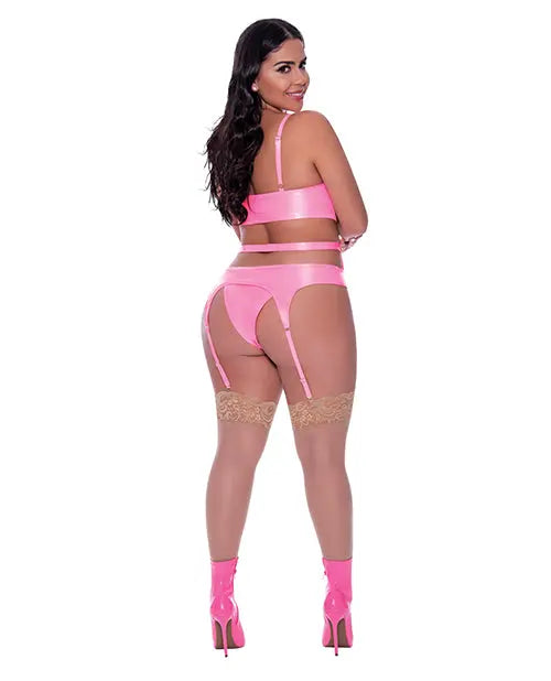 Plus Size Pink Wet Look Lingerie Hard Candy Basque & Cheeky Panty Pink Queen Size  Lingerie - Corsets