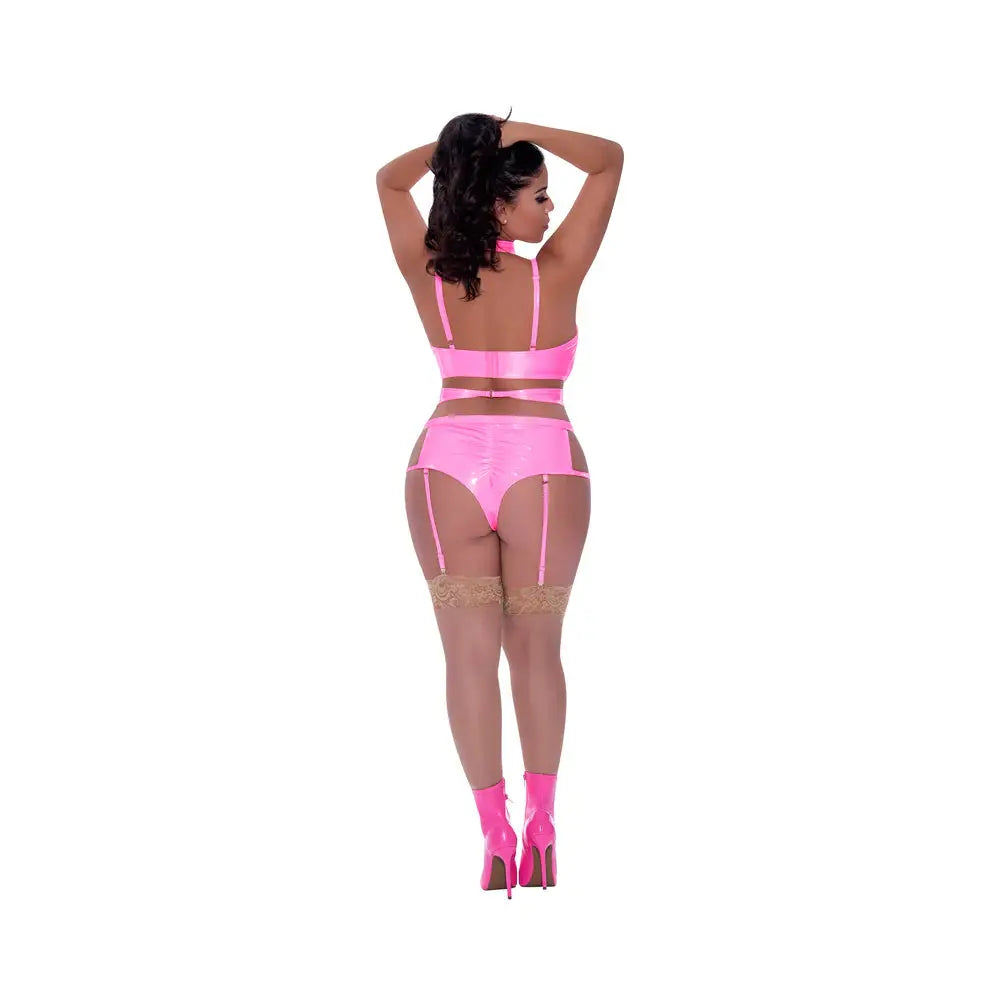 Plus Size Pink Wet Look Lingerie Hard Candy Demi Bra, Harness & Garter Panty Pink Queen Size  Lingerie - Bra and Panty sets