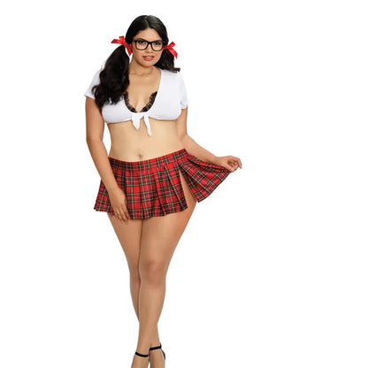 Plus Size Schoolgirl Set with Knit Crop Top & Pleated Mini Skirt Costume  Lingerie - Costumes