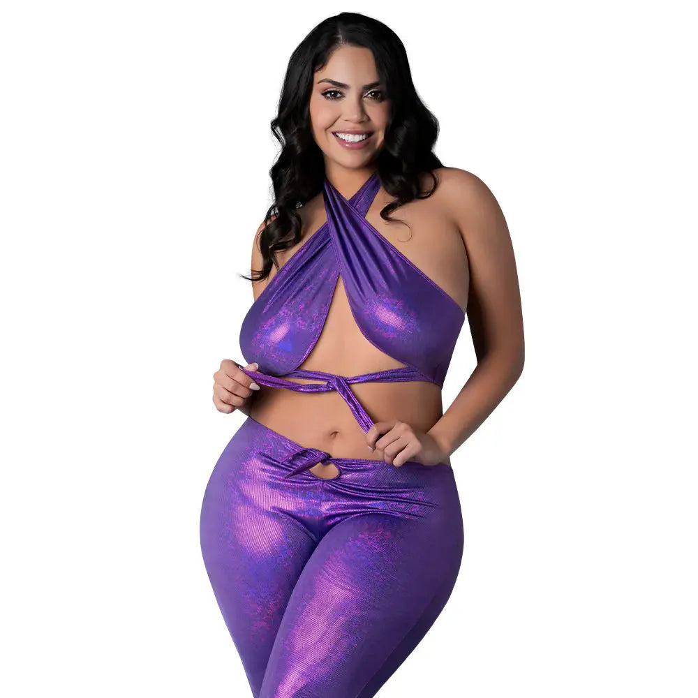 Plus Size Sexy Hippy Costume Halter and Flair Pant Set Purple Disco Queen Size  Lingerie - Club Wear