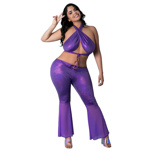 Plus Size Sexy Hippy Costume Halter and Flair Pant Set Purple Disco Queen Size  Lingerie - Club Wear