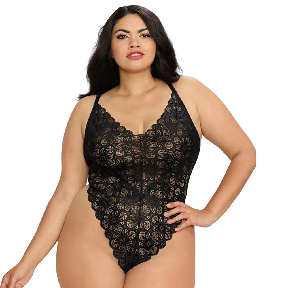 Plus Size Teddy & Sheer Mesh Maxi Skirt With G-String Black Queen 2X  Lingerie - Baby dolls Chemises etc