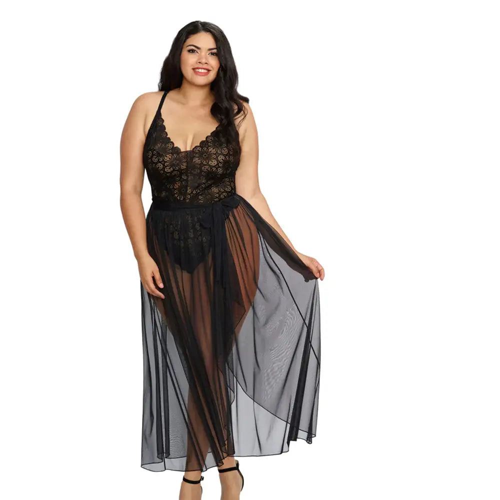 Plus Size Teddy & Sheer Mesh Maxi Skirt With G-String Black Queen 2X  Lingerie - Baby dolls Chemises etc