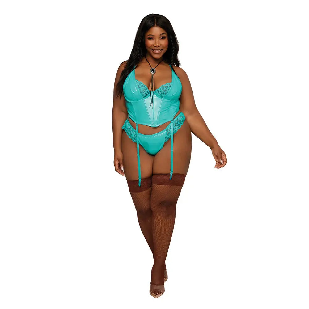 Plus Size Wet Look Lingerie Vinyl and Lace Bustier and G-string Set Ocean 2XL  Lingerie - Bra and Panty sets