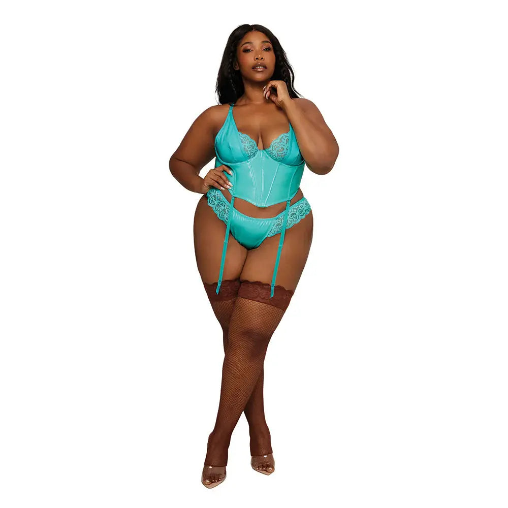 Plus Size Wet Look Lingerie Vinyl and Lace Bustier and G-string Set Ocean 2XL  Lingerie - Bra and Panty sets