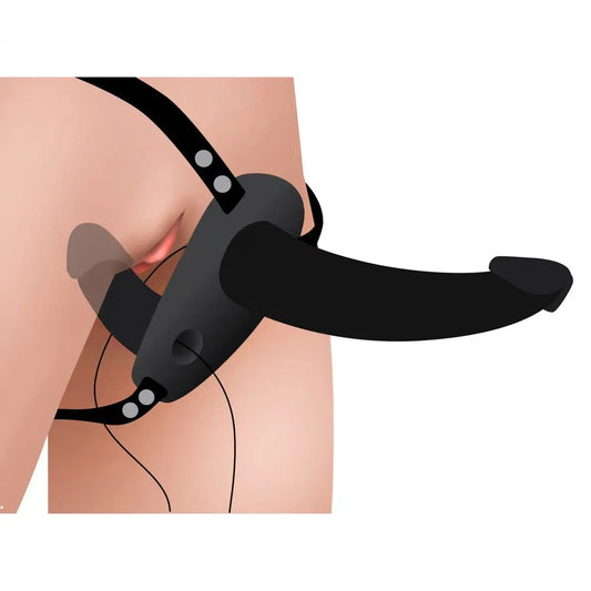 Power Pegger Black Silicone Vibrating Double Dildo with Harness Strap-Ons and Harnesses