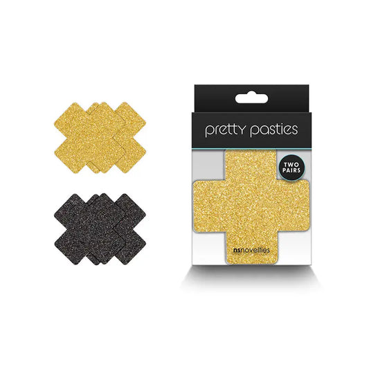 Pretty Pasties Glitter Cross Black/Gold 2 Pair  Lingerie - Pasties and Tassels