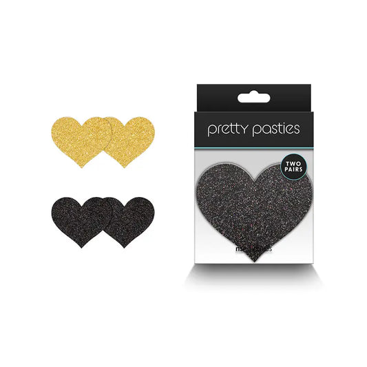 Pretty Pasties Glitter Hearts Black/Gold 2 Pair  Lingerie - Pasties and Tassels