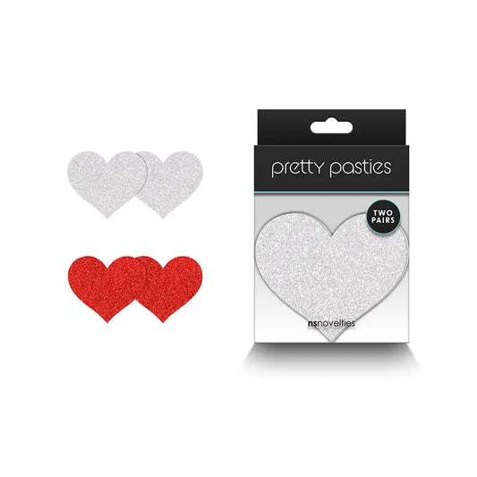 Pretty Pasties Glitter Hearts Red/Silver 2 Pair  Lingerie - Pasties and Tassels