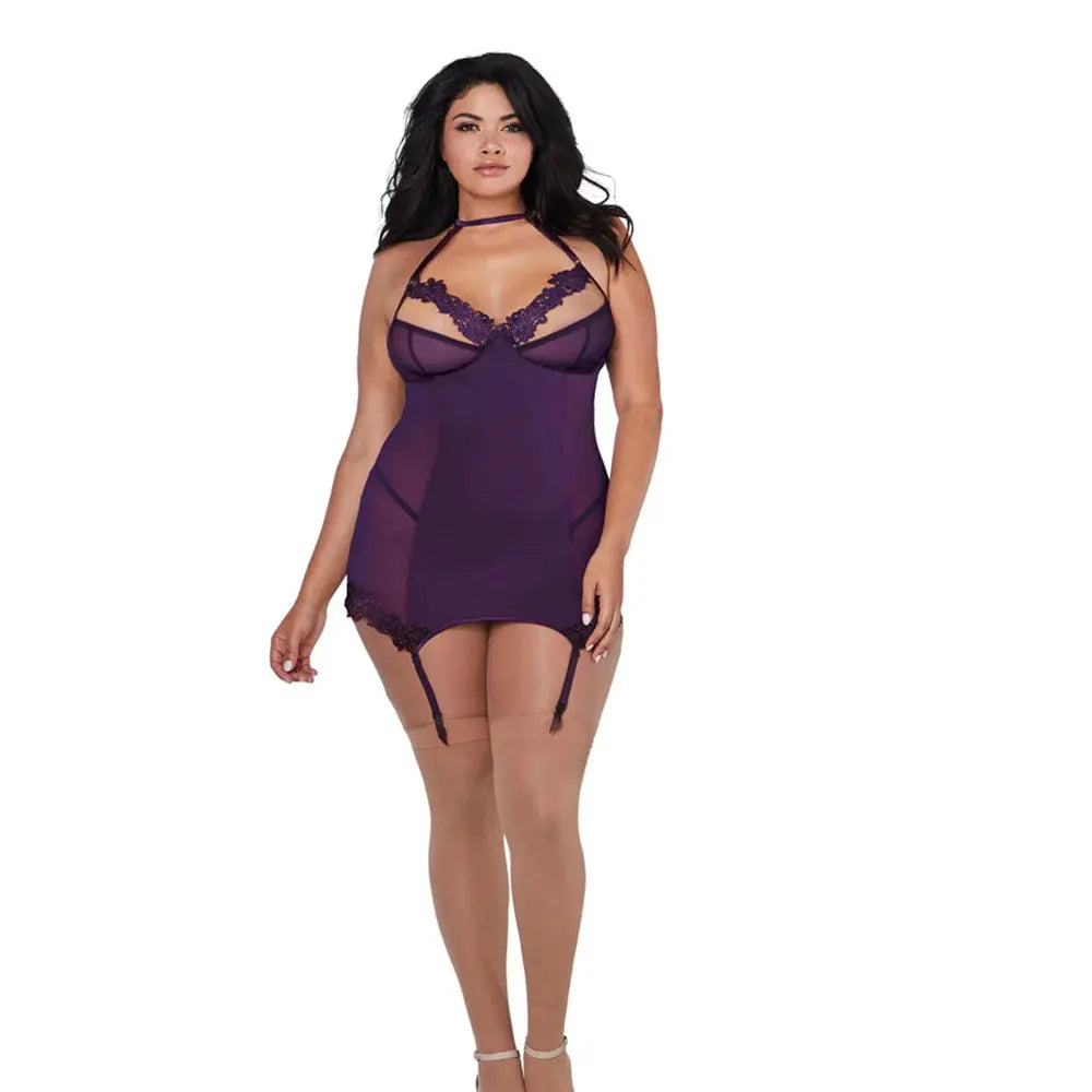 Purple Plus Size Lingerie Microfiber and Mesh Garter Slip With Underwire Shelf Bra Plum  Lingerie - Accessories
