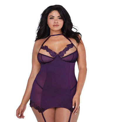 Purple Plus Size Lingerie Microfiber and Mesh Garter Slip With Underwire Shelf Bra Plum  Lingerie - Accessories