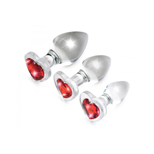 Red Heart Gem Glass Anal Plug Training Set - Wide Base Jewel Butt Plug Set  Glass Anal Plug Sex Toy