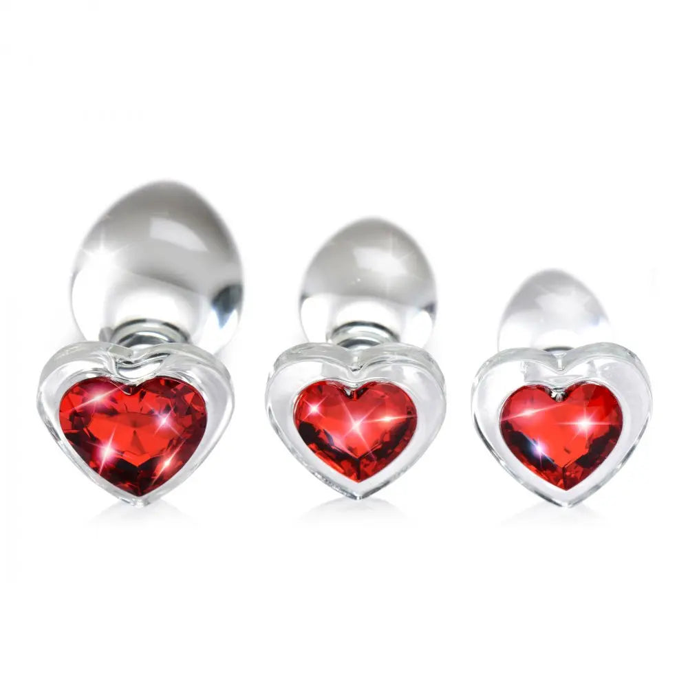 Red Heart Gem Glass Anal Plug Training Set - Wide Base Jewel Butt Plug Set  Glass Anal Plug Sex Toy