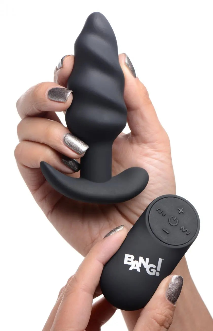 Remote Control 21X Vibrating Silicone Swirl Butt Plug - Black  Vibrating Anal Sex Toy