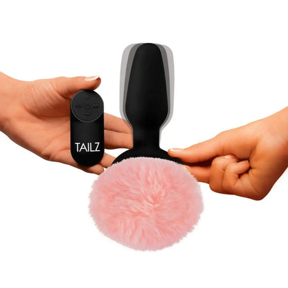Remote Control Vibrating Pink Bunny Tail Anal Plug  BDSM Pet Play Anal Plug