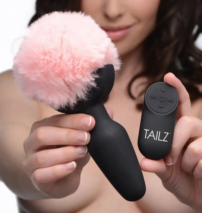 Remote Control Vibrating Pink Bunny Tail Anal Plug  BDSM Pet Play Anal Plug
