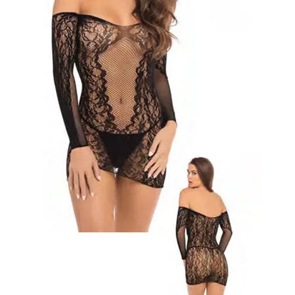 Rene Rofe Demure Long Sleeve Mini Dress Black M/L  Lingerie - Dresses