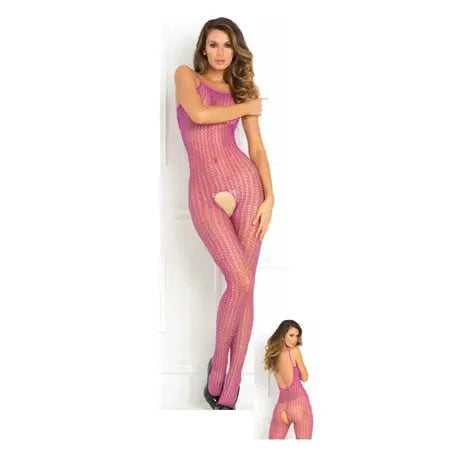 Rene Rofe Quarter Chrochet Net Bodystocking Purple O/S  Lingerie - Body Stockings