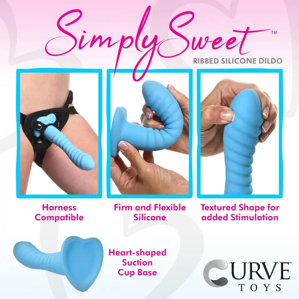 Ribbed Dildo Sex Toy Textured Dildo Heart Suction Cup Sex Toy Silicone Blue  Dildos