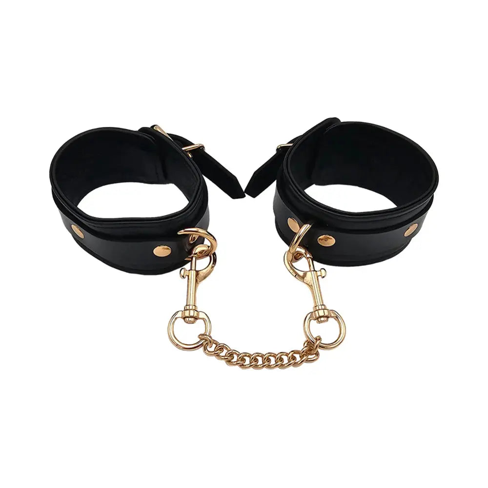 Rouge Leather Plain Ankle Cuffs Black with Gold Accessories  Restraints and Cuffs