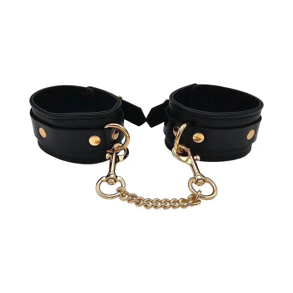 Rouge Leather Plain Ankle Cuffs Black with Gold Accessories  Restraints and Cuffs