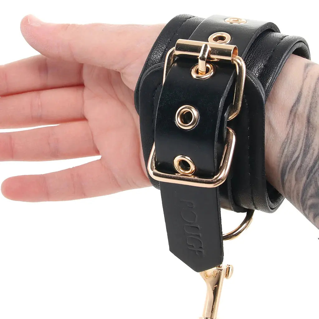 Rouge Leather Plain Wrist Cuffs Black with Gold Accessories  Restraints and Cuffs