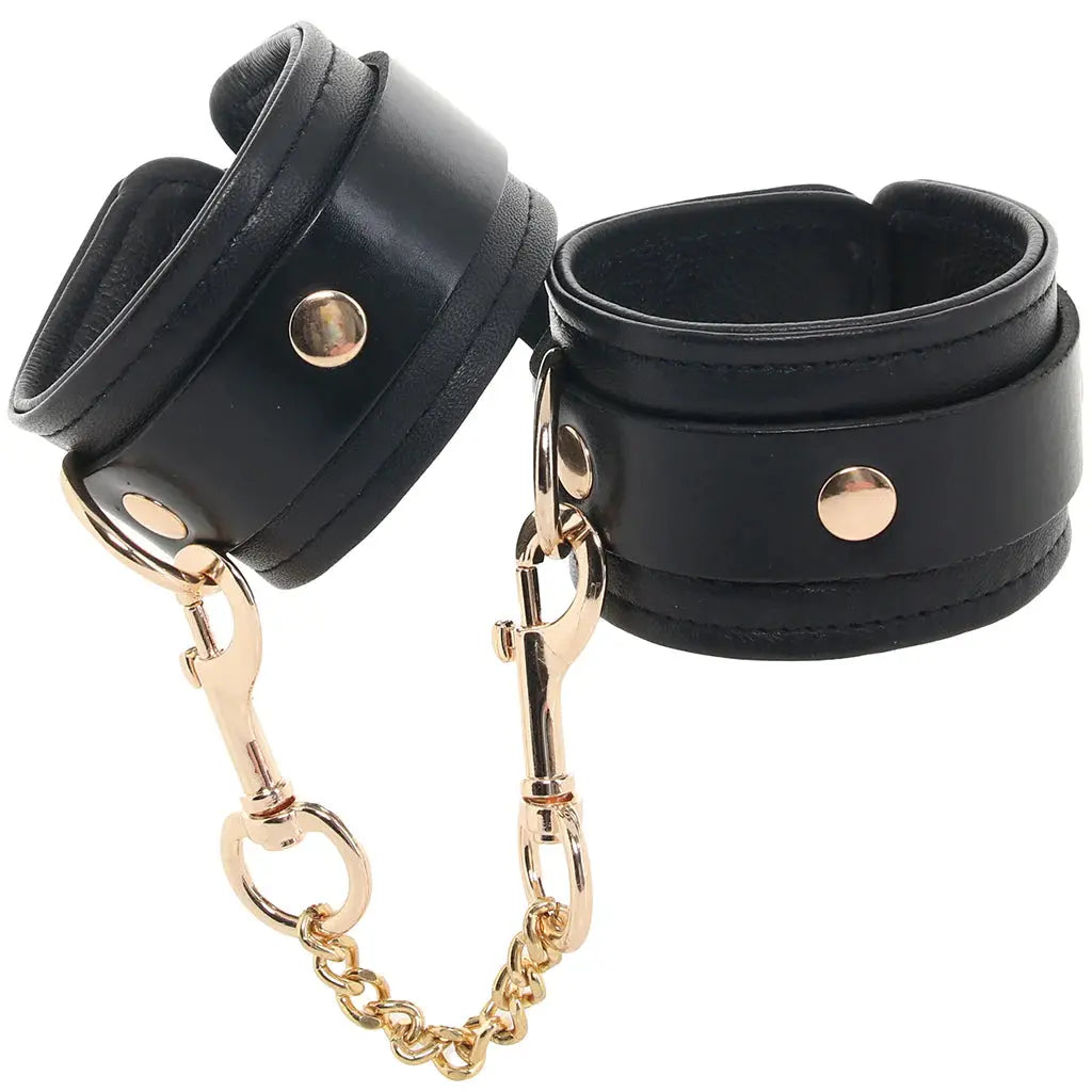 Rouge Leather Plain Wrist Cuffs Black with Gold Accessories  Restraints and Cuffs