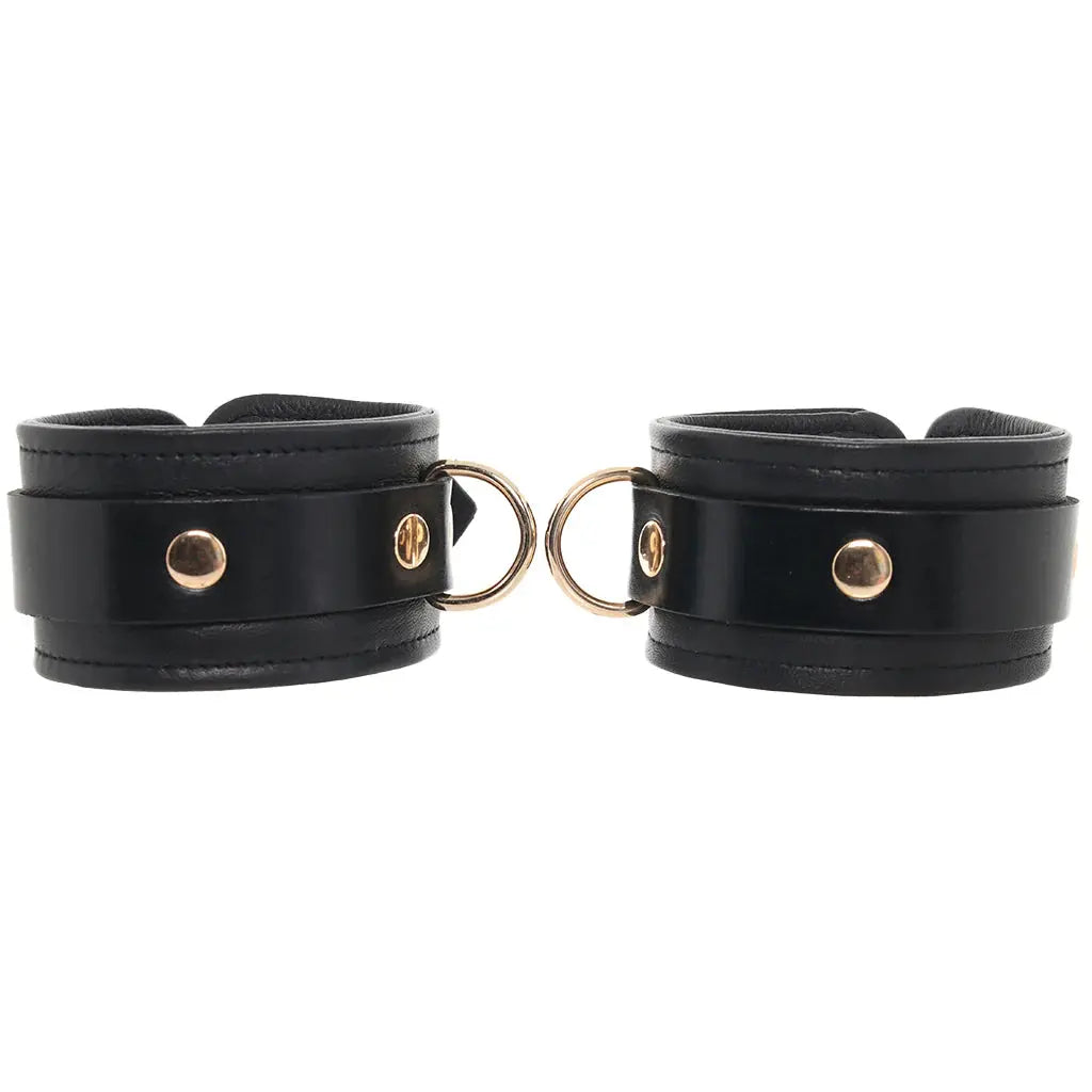 Rouge Leather Plain Wrist Cuffs Black with Gold Accessories  Restraints and Cuffs