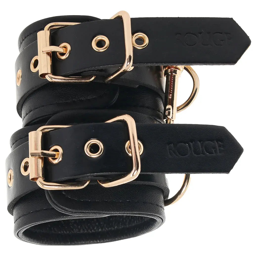 Rouge Leather Plain Wrist Cuffs Black with Gold Accessories  Restraints and Cuffs