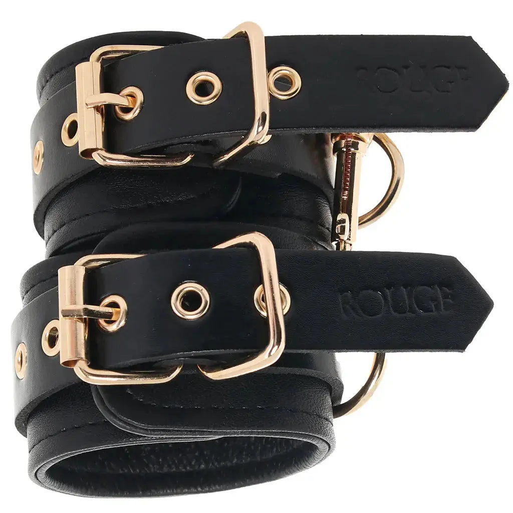 Rouge Leather Plain Wrist Cuffs Black with Gold Accessories  Restraints and Cuffs