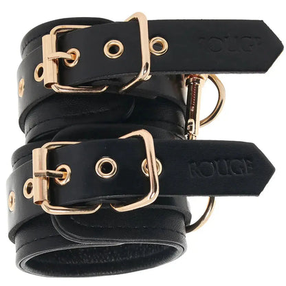 Rouge Leather Plain Wrist Cuffs Black with Gold Accessories  Restraints and Cuffs