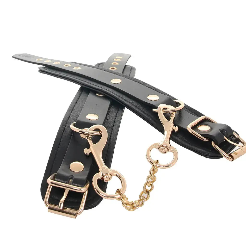 Rouge Leather Plain Wrist Cuffs Black with Gold Accessories  Restraints and Cuffs