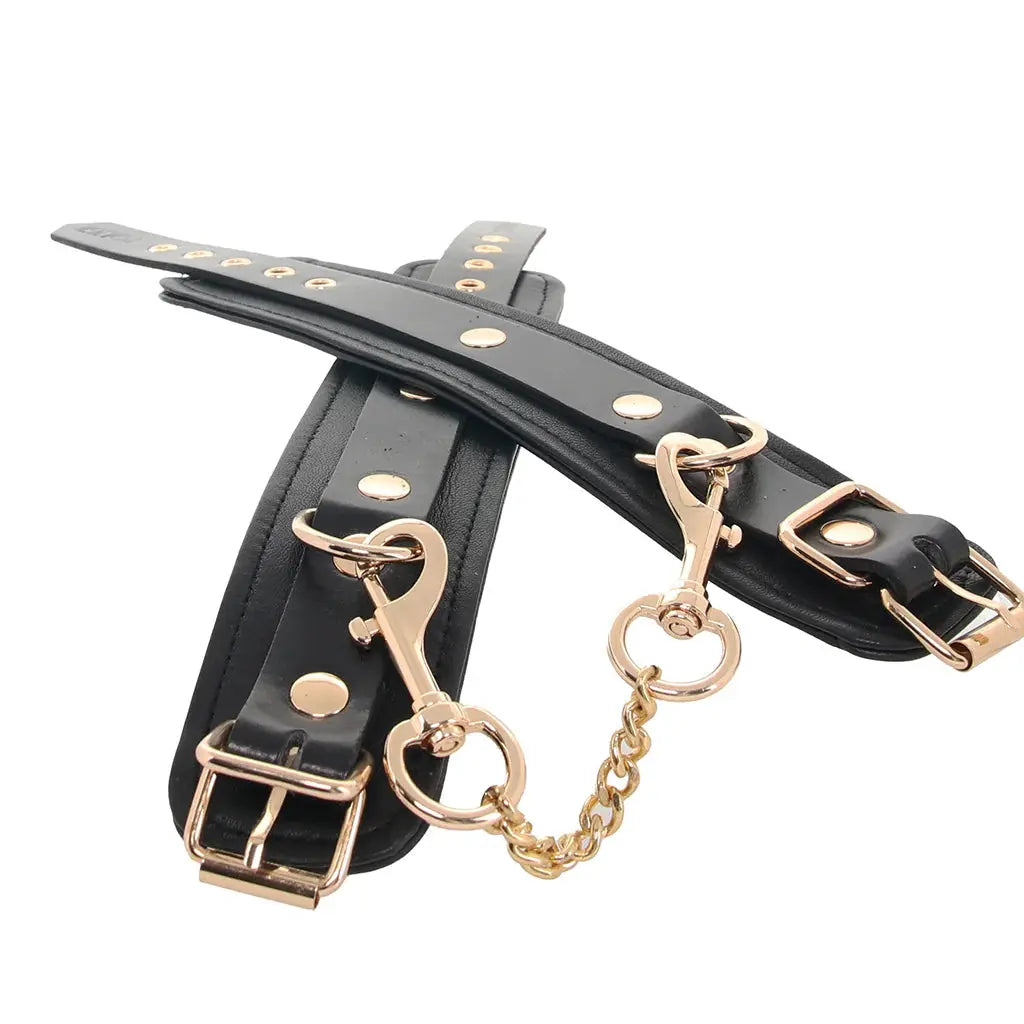 Rouge Leather Plain Wrist Cuffs Black with Gold Accessories  Restraints and Cuffs