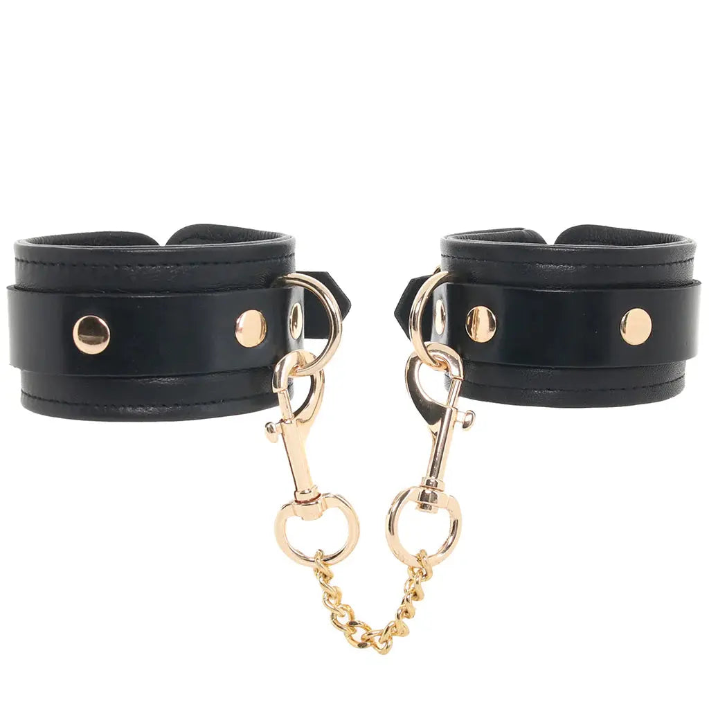 Rouge Leather Plain Wrist Cuffs Black with Gold Accessories  Restraints and Cuffs
