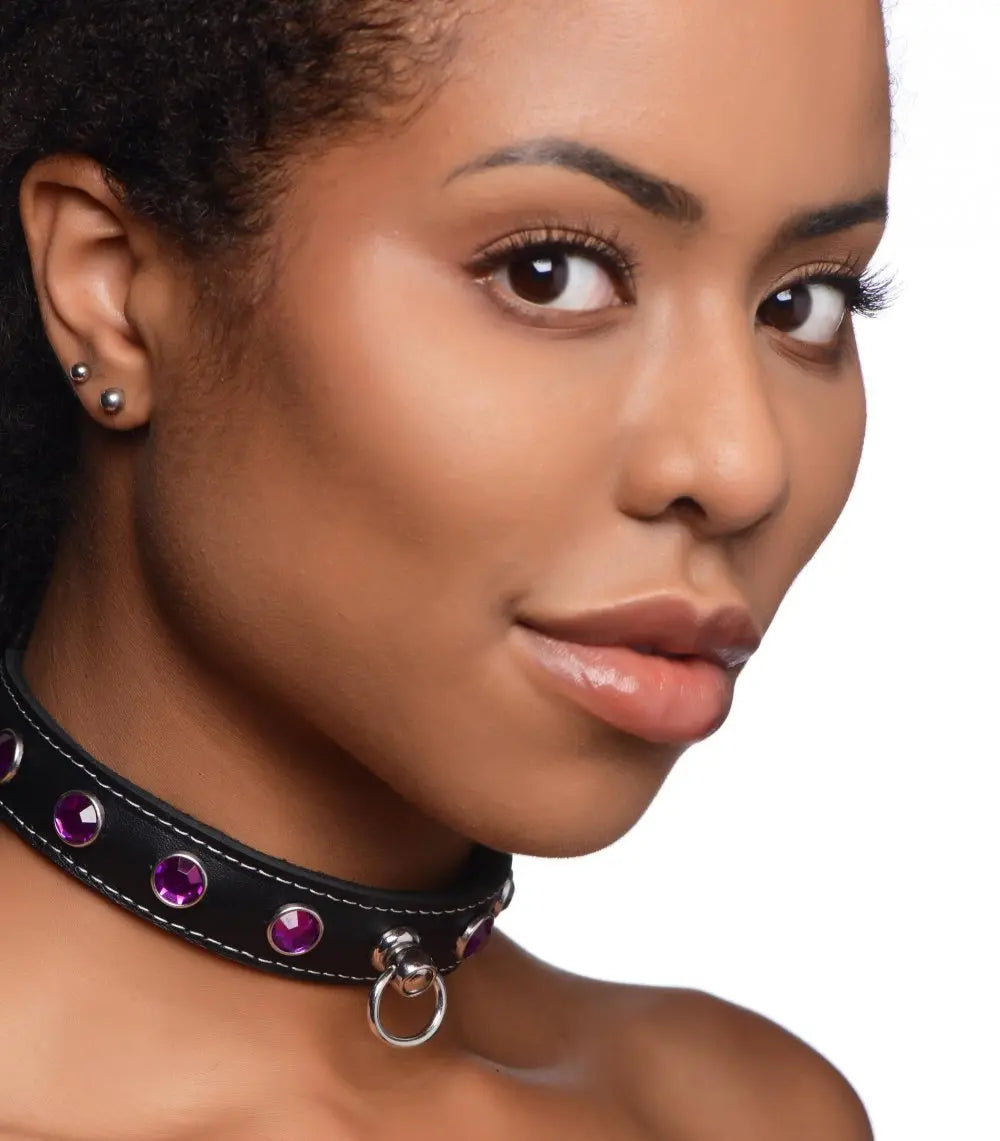 Royal Vixen Leather BDSM Choker with Rhinestones - Purple Bondage Collar  Fetish Clothing and Lingerie