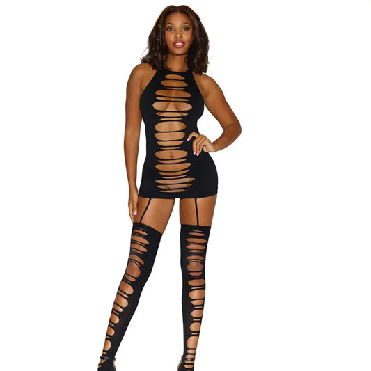 Seamless Opaque Halter Garter Dress With Front and Back Slash Details Black OS  Lingerie - Dresses