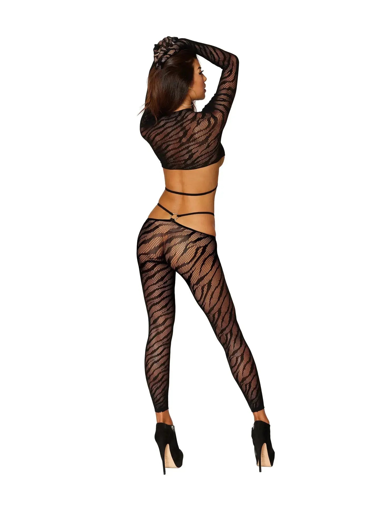 Sexy Halloween Strappy Animal Print Fishnet Gloved Bralette & Leggings Black O/S  Lingerie - Club Wear