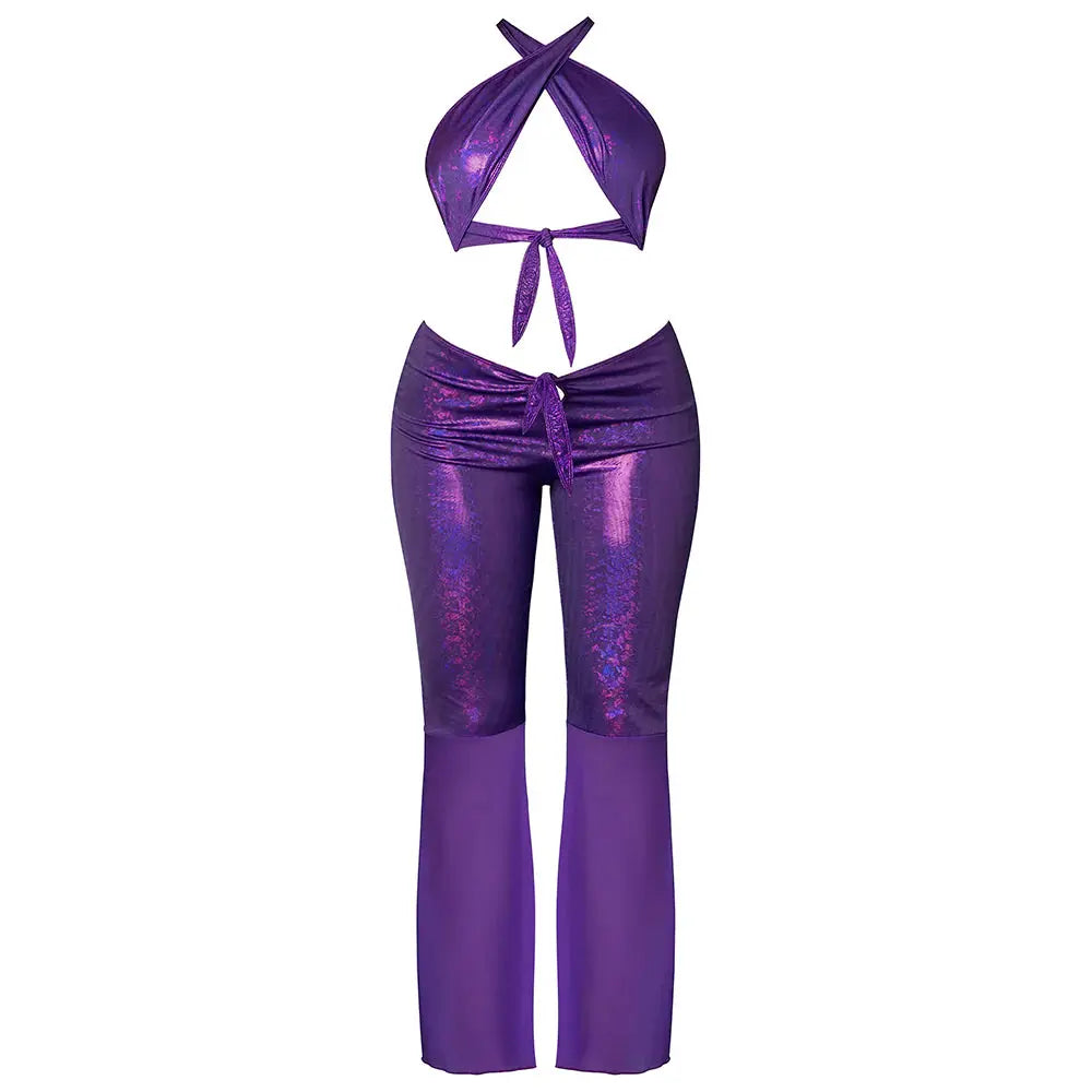 Sexy Hippy Costume Halter and Flair Pant Set Purple Disco L/XL  Lingerie - Club Wear