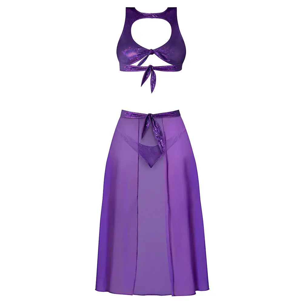 Sexy Keyhold Crop Top, Flowy Skirt and Tanga Set Purple Disco L/XL  Lingerie - Club Wear