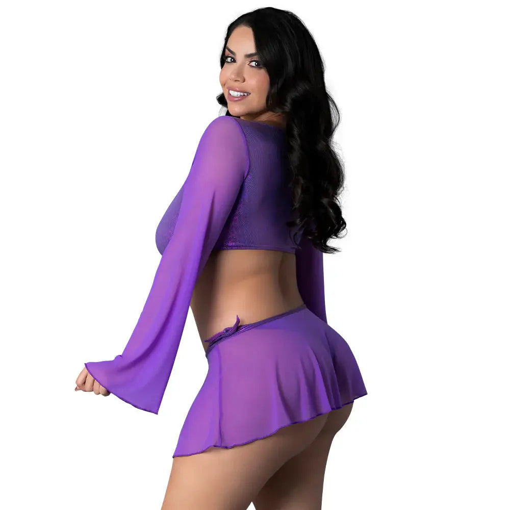 Sexy Plus Outfit Crop Top, Mini Skirt & Tie Side Thong Purple Disco Queen Size  Lingerie - Club Wear