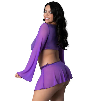 Sexy Plus Outfit Crop Top, Mini Skirt & Tie Side Thong Purple Disco Queen Size  Lingerie - Club Wear