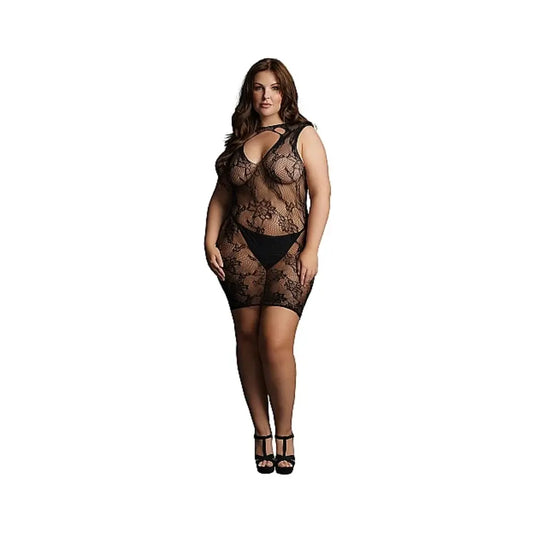 Sexy Plus Size Lace Lingerie Le Desir High-Neck Lace Mini Dress Black Queen Size  Lingerie - Dresses