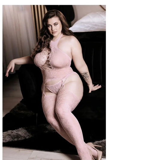 Sheer Plus Size Bodystocking Lingerie & G-String Light Pink  Lingerie - Body Stockings