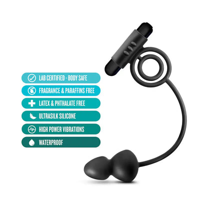 Silicone Anal Plug with Vibrating C-Ring Black  Vibrating Cock Ring