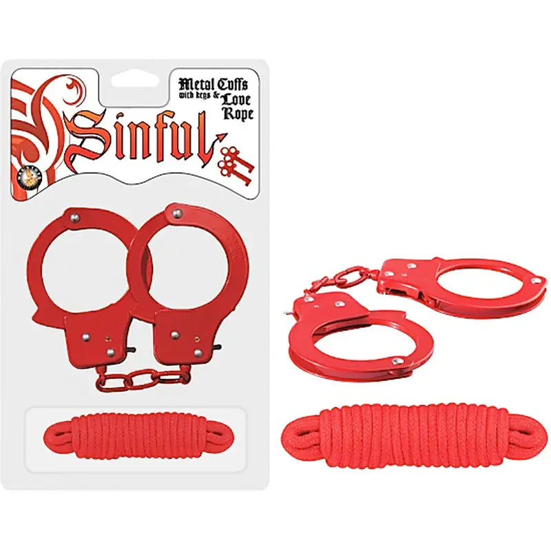 Sinful Metal Cuffs With Keys and 118 inch Red Bondage Rope  Fetish - Cuffs & Restraints