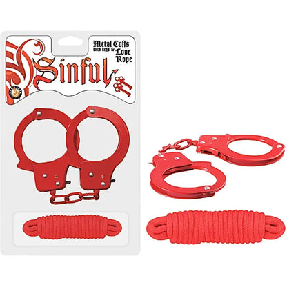 Sinful Metal Cuffs With Keys and 118 inch Red Bondage Rope  Fetish - Cuffs & Restraints
