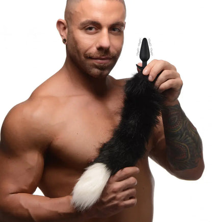 Small Vibrating Anal Plug with Fox Tail Butt Plug Attachment - Black and White  BDSM Pet Play Anal Plug