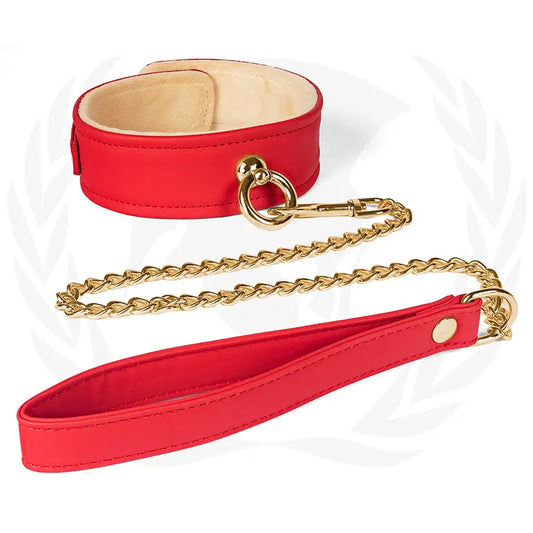 Spartacus Plush Lined PU Red Collar And Chain Leash  Fetish - Cuffs & Restraints