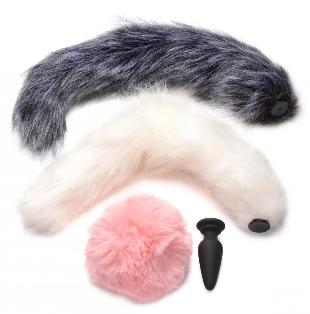 Tail Butt Plug with 3 Interchangeable Animal Tails BDSM Pet Play  Anal